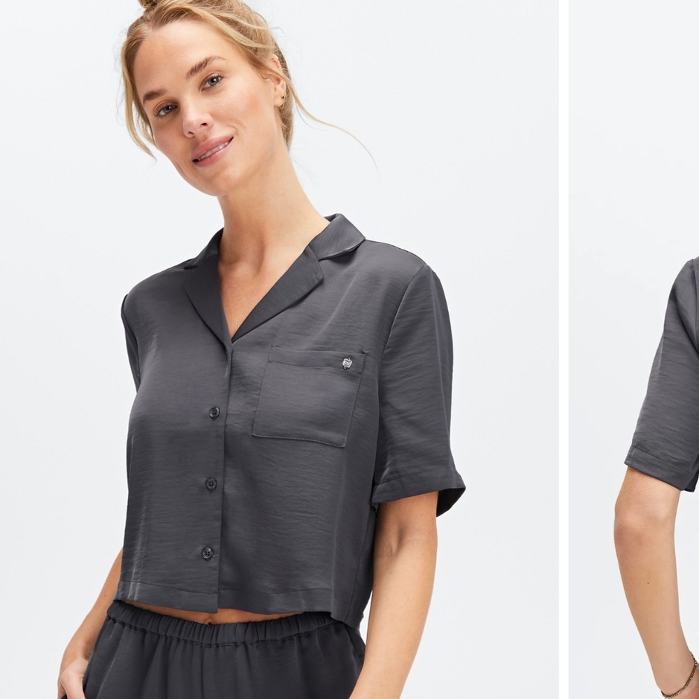 Fabletics Gray Cropped Button Down Pajama Top - image 1